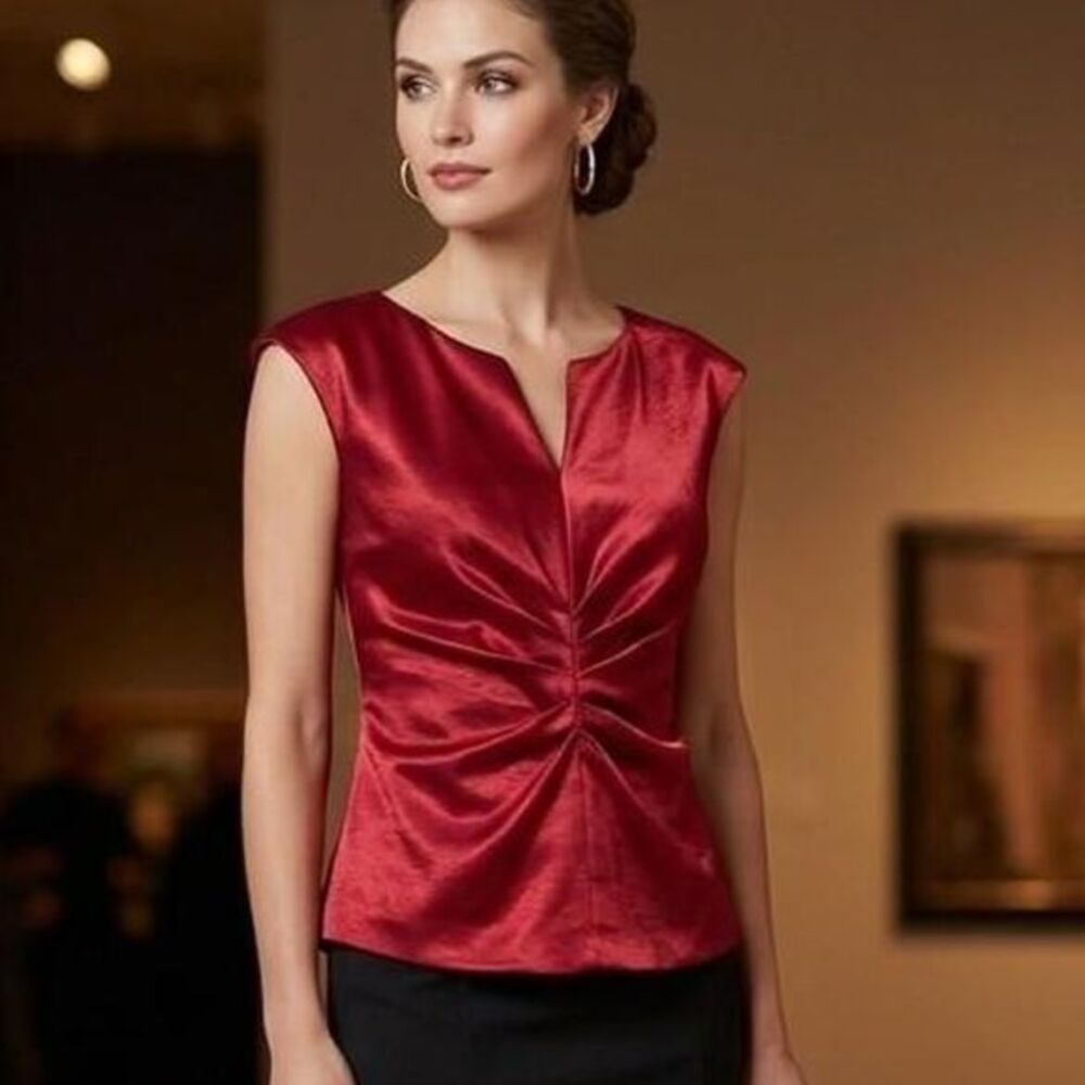 Vintage Red Satin Ruched V-Neck Formal Blouse Top - Size 6, night out party
